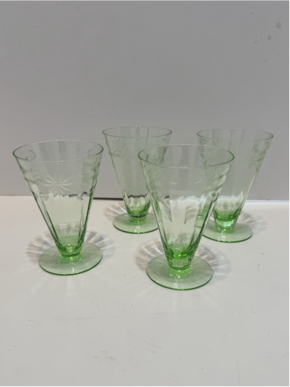 Elegant Depression Glass green delicate Hand etched floral design W/ Ribs